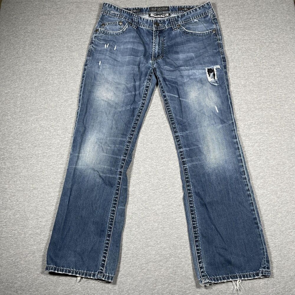 Affliction Blake Jeans Mens 34x29 Blue Relaxed Straight Distressed Studded